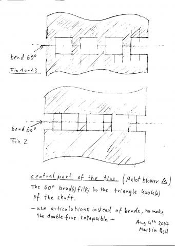 2nd drawing: central part of the double-fins showing the different cut-outs, to fit all the three together